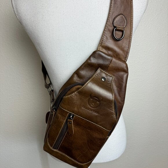 BULLCAPTAIN Genuine Leather Sling Bag Casual Shoulder Chest Crossbody - Picture 1 of 15